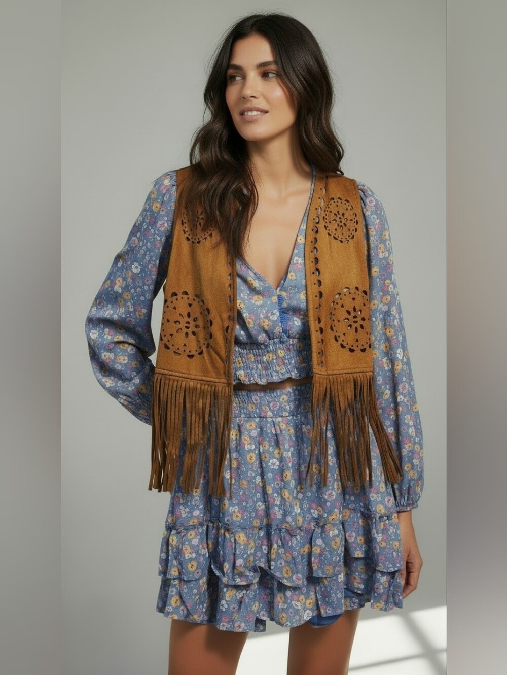 2pc Blue Floral Skirt Set with Brown Suede Fringe Vest